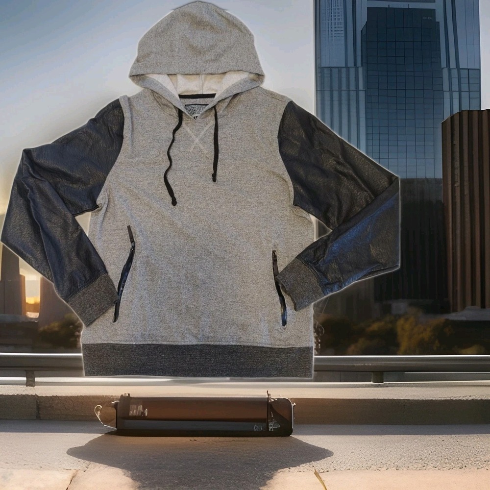 Brooklyne Cloth Gray W/ Black Faux Leather‎ Sleeves Pullover Hoodie Sz M
